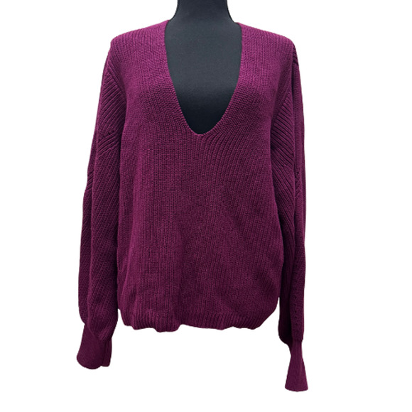 LA LIGNE NEW YORK Magenta V-Neck Cotton Sweater XL Oversized Pullover Rib Knit - Picture 2 of 7
